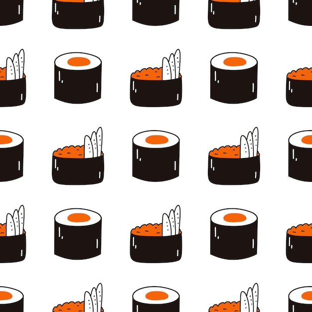 Seamless pattern with sushi Hand drawn vector background with traditional Japanese cuisine