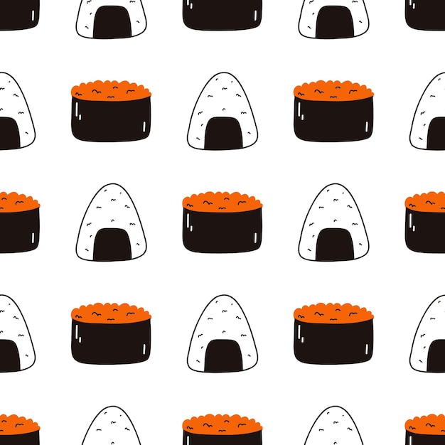 Seamless pattern with sushi Hand drawn vector background with traditional Japanese cuisine