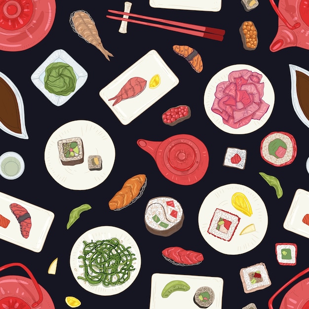 Seamless pattern with sushi, sashimi and rolls on black background. Elegant backdrop with traditional Japanese restaurant meals. Realistic hand drawn illustration for wrapping paper, wallpaper.