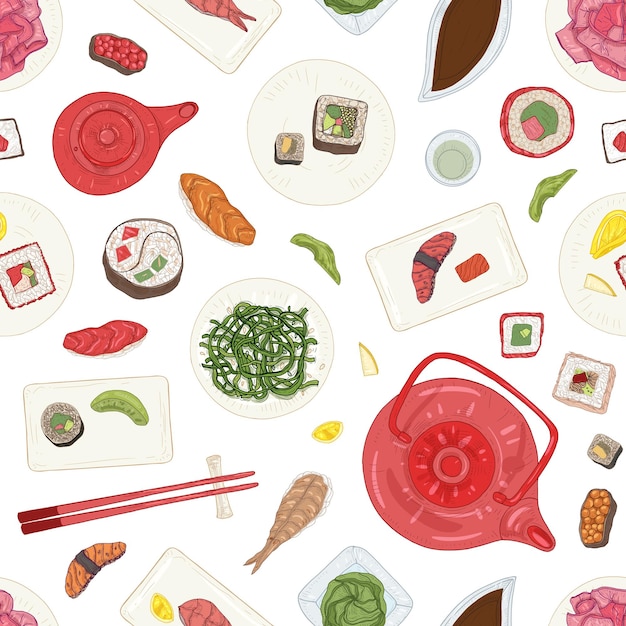 Seamless pattern with sushi, sashimi, rolls on plates and ingredients on white background.