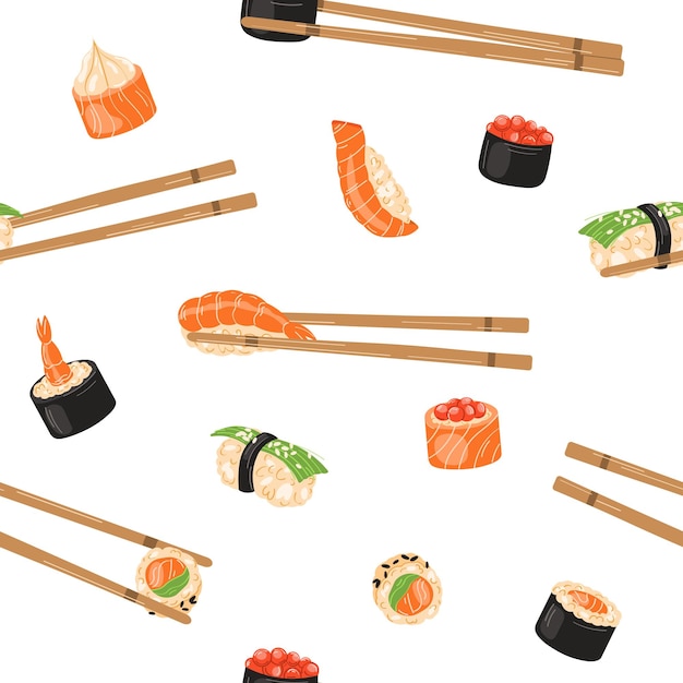 Seamless pattern with sushi, white background. Vector illustration