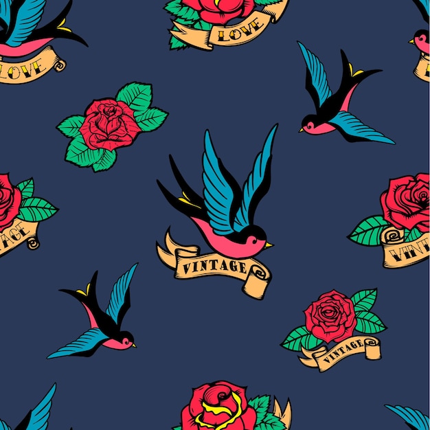 Seamless pattern with swallows and roses in old school tattoo style. For poster, card, banner, flyer. Vector illustration