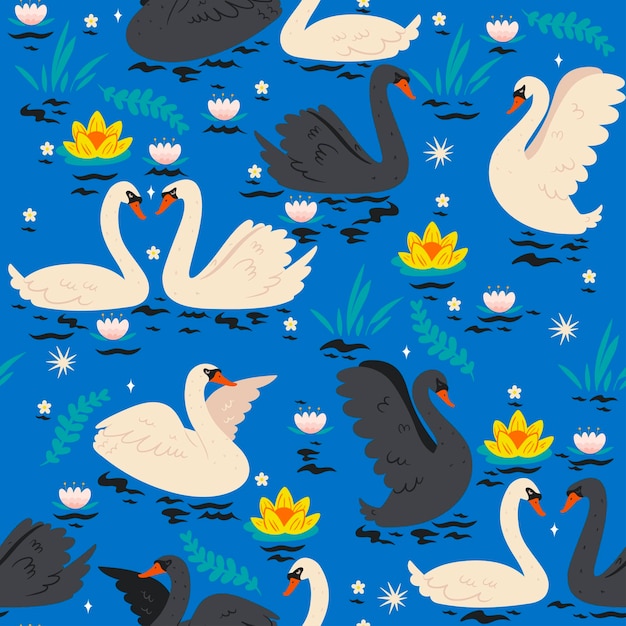 Seamless pattern with swans on the pond.