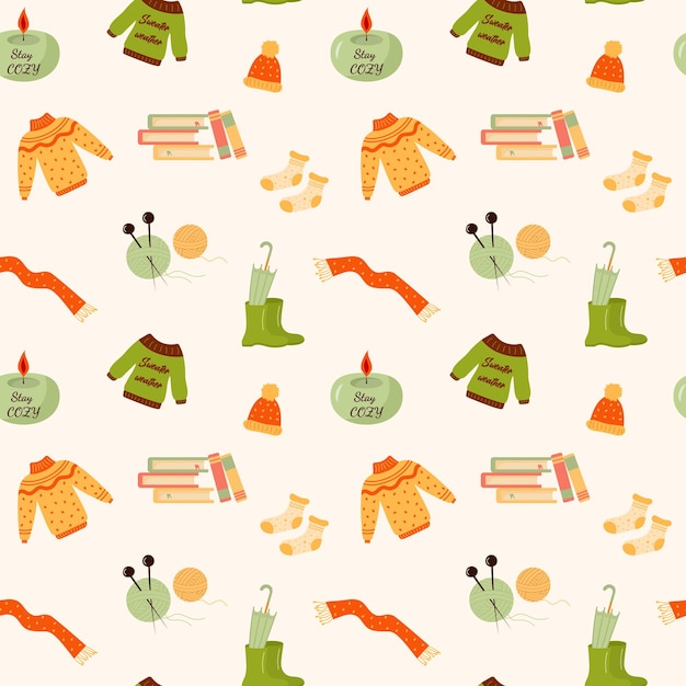 Seamless pattern with sweaters hat scarf books candle socks rubber boots umbrella and knitting balls