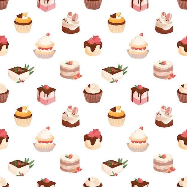 Seamless pattern with sweet sugar desserts, pieces of creamy cakes and cupcakes decorated with strawberries and toppings. Endless texture for printing. Colored vector illustration on white background.