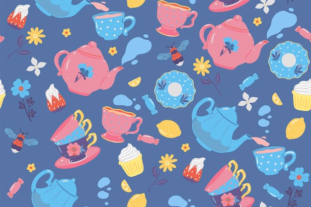 Seamless pattern with sweets teapots and cups Vector graphics