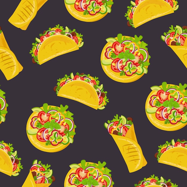 Seamless pattern with tacos burritos and tostadas