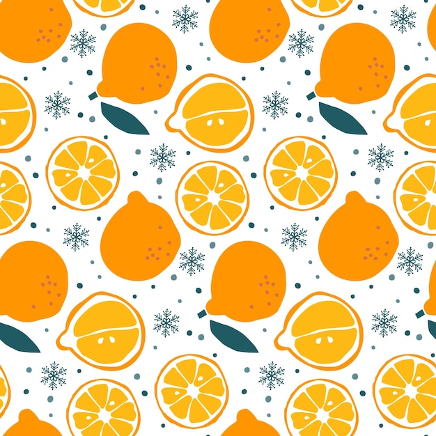 Seamless pattern with Tangerine Fruits with snow hand drawn doodle sketch