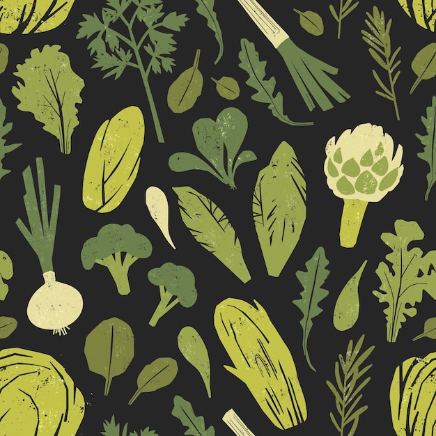 Seamless pattern with tasty green plants, salad leaves and spice herbs