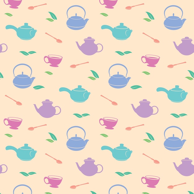 Seamless pattern with tea cups and tea pots