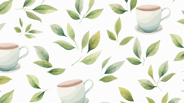 Vector seamless pattern with tea leaves and teacups on white background