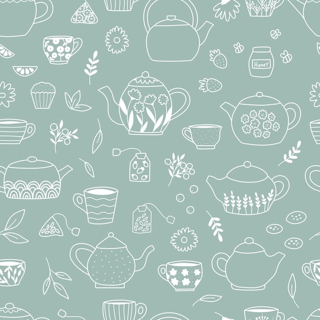 Seamless pattern with tea pots and cups