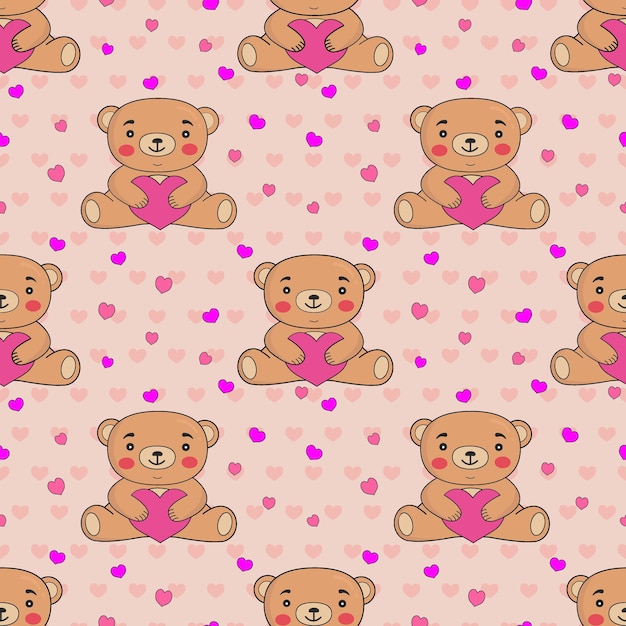 Vector seamless pattern with teddy bears and hearts on a light background. suitable for valentine's day