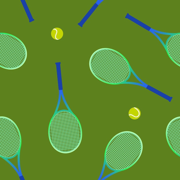 Seamless pattern with tennis rackets and ball on a green background Vector illustration of a sports