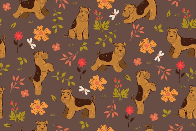 Seamless pattern with terrier dogs and flowers