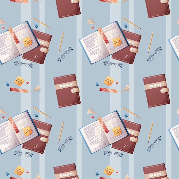 Seamless pattern with textbooks and school supplies on striped background The texture is for paper