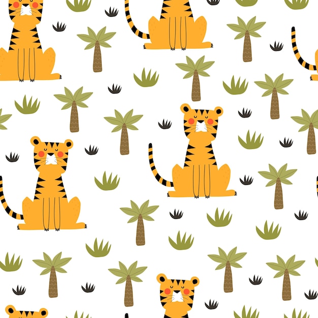 Seamless pattern with tigers, decor elements