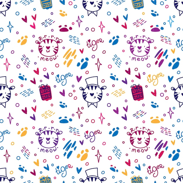 Seamless pattern with tigers gifts paw prints scratches stars Doodle style for kids design