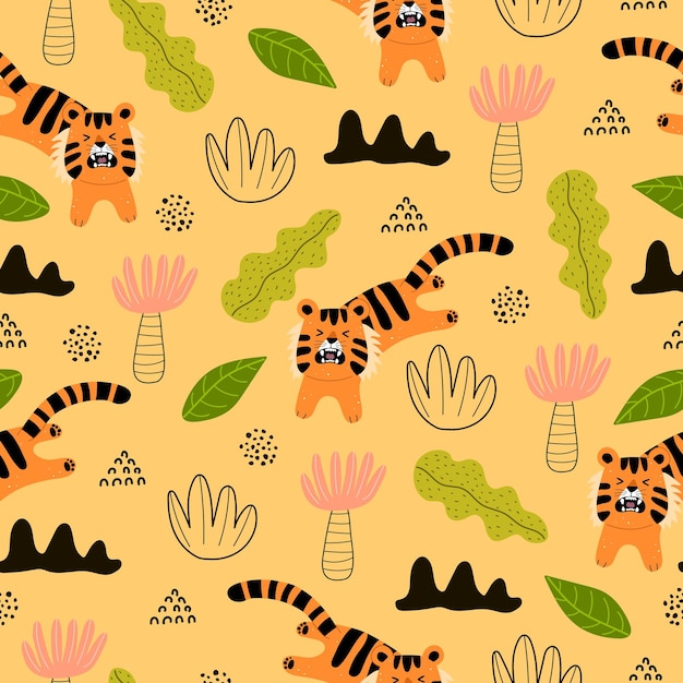 Seamless pattern with tigers plants