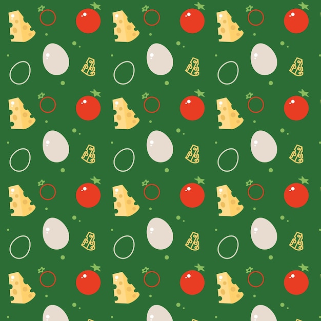 Seamless pattern with tomato egg and hard cheese Breakfast wallpaper on a green background Outline color vector illustration