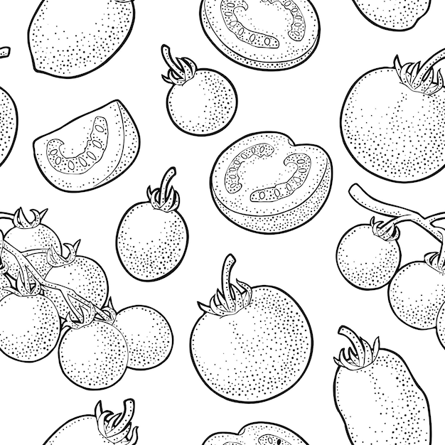 Seamless pattern with tomato half slice and branch