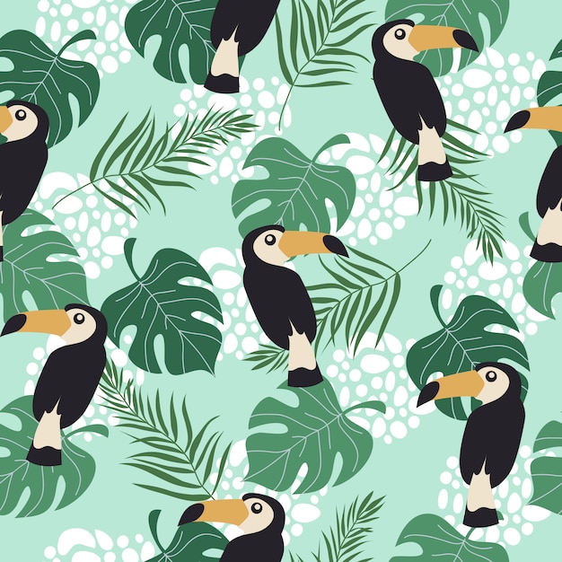 Seamless pattern with toucans and leaves 