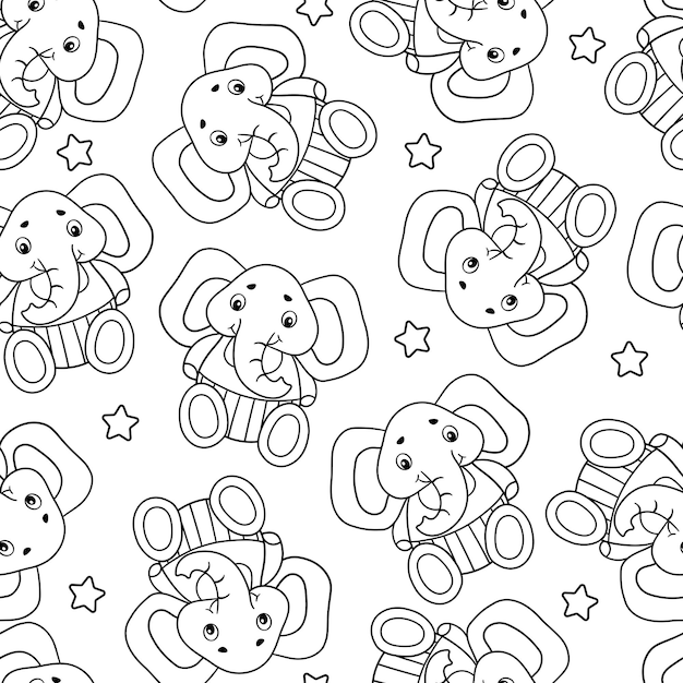 Seamless pattern with toy elephants and stars. Coloring page