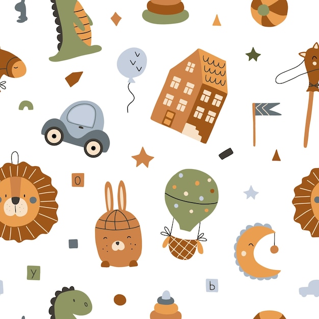 Seamless pattern with toys for baby boy Cute funny toys for little kids Isolated vector illustration in boho style in warm colors