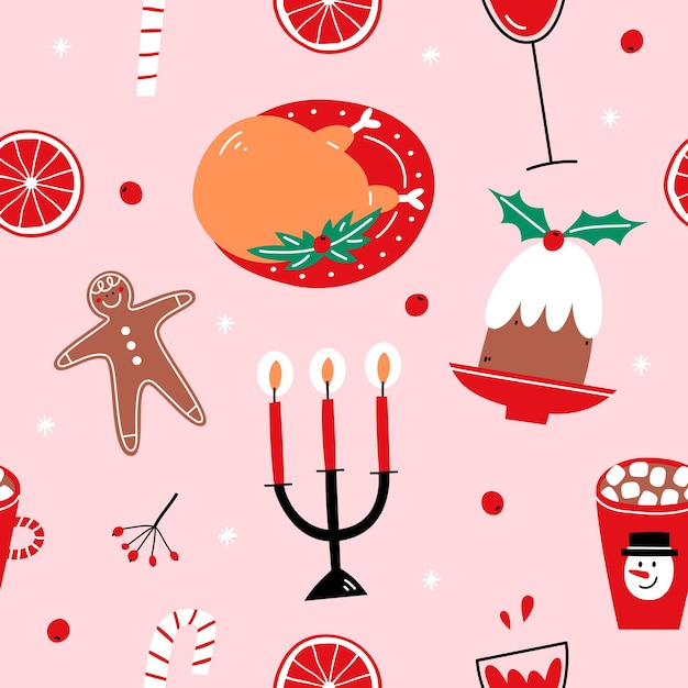 Seamless pattern with traditional Christmas food on pink background