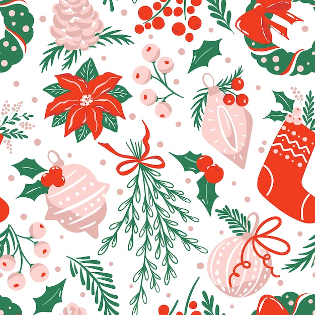 Seamless pattern with traditional Christmas ornaments and foliag