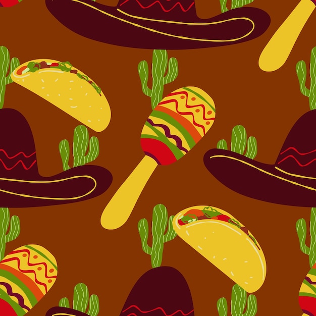 Seamless pattern with traditional Mexican symbol Sombrero  Tacos Cactus Maracas illustration