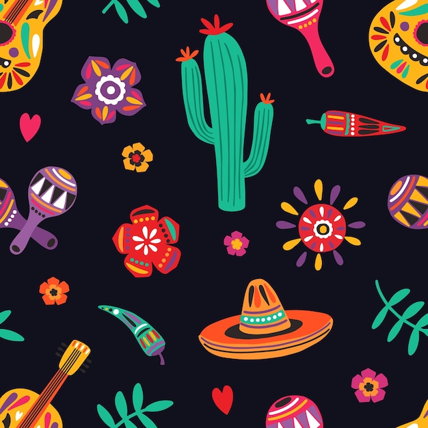 Seamless pattern with traditional Mexican symbols on black background - sombrero, guitar, cactus, maracas, chili pepper. Flat cartoon vector illustration for wrapping paper, textile print, wallpaper.