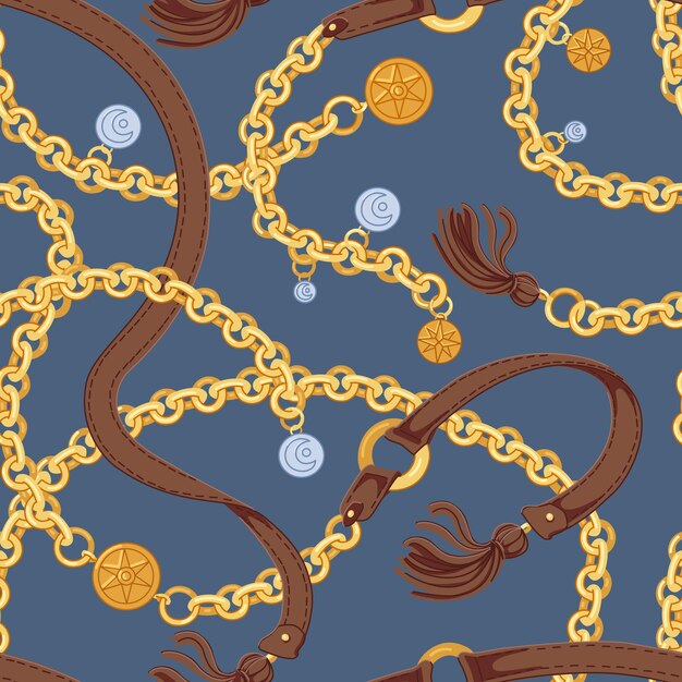 Vector seamless pattern with trendy chain belts with charms and leather tassels on gray background. backdrop with stylish luxury accessory. vector illustration in antique style for textile print, wallpaper.