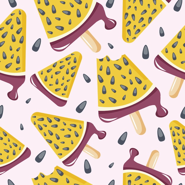 seamless pattern with triangle shaped fruit ice cream with passion fruit on a stick design