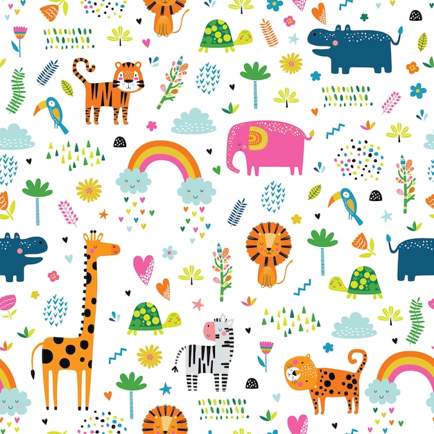 Seamless pattern with tropical animals.