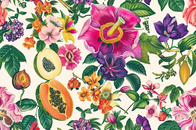 Vector seamless pattern with tropical fruits and flowers banana orange lemon pineapple dragon fruit