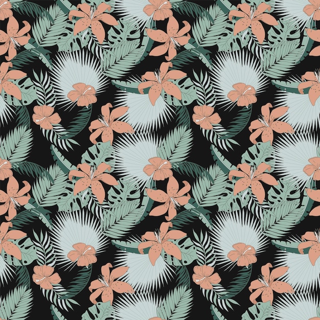 Seamless pattern with tropical leaves and flowers Flat vector illustration