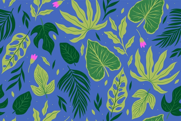 Seamless pattern with tropical leaves and flowers Vector graphics