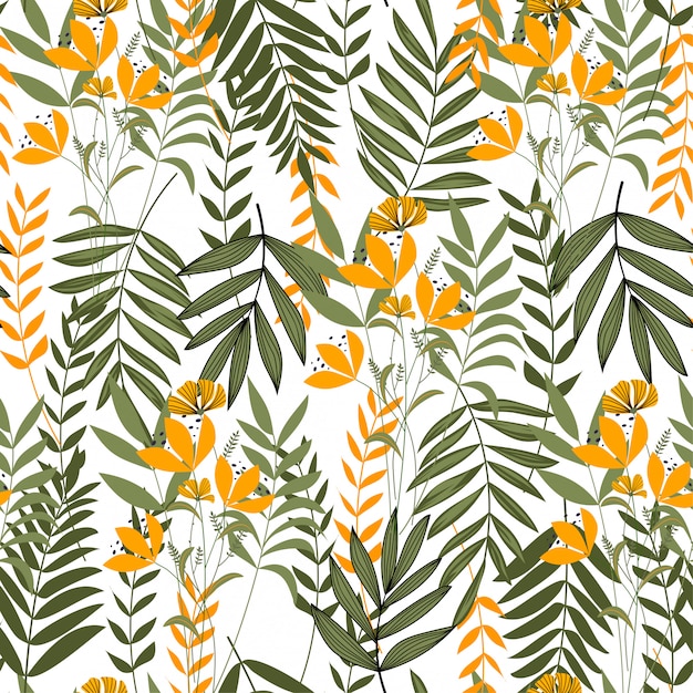 Seamless pattern with tropical leaves and flowers on white