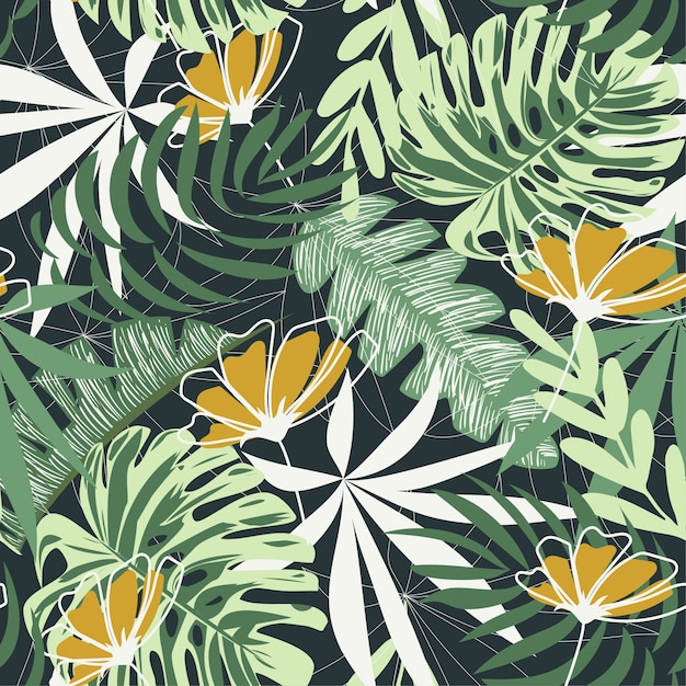 Seamless pattern with tropical leaves and flowers