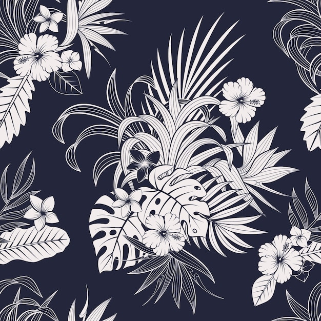 Seamless pattern with tropical leaves and flowers