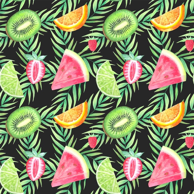 Seamless pattern with tropical leaves and fruits