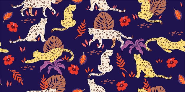 Seamless pattern with tropical leaves and leopards.  graphics