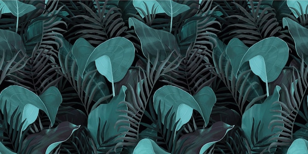 Seamless pattern with tropical leaves palm, colocasia, banana