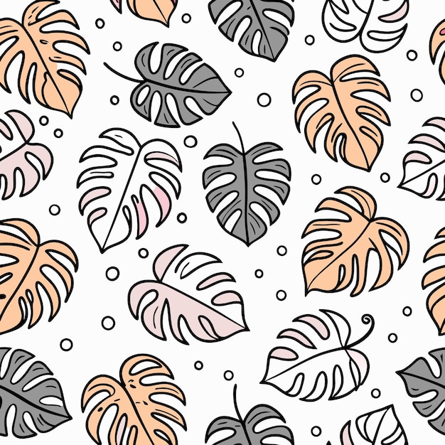 Vector seamless pattern with tropical leaves in pink orange and gray colors