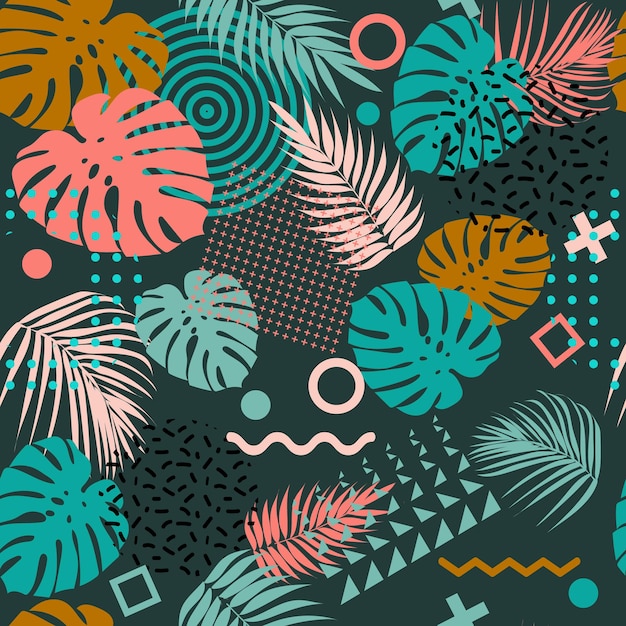 Seamless pattern with tropical leaves of plants and memphis style elements. Flat style. Dark background. Drawn by hands. Illustration on a summer theme.