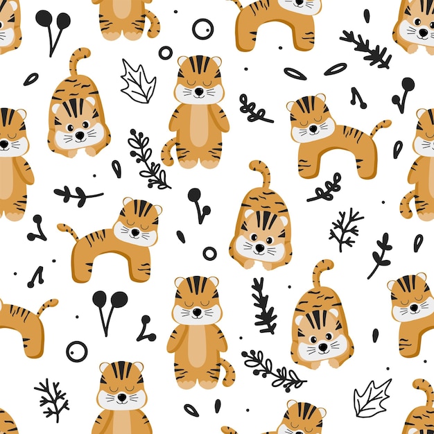 Seamless pattern with tropical leaves and tigers Cute cartoon character tiger cub children illustration with a funny animal for things design room decoration printing poster