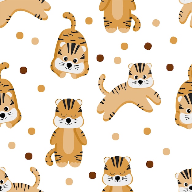 Seamless pattern with tropical leaves and tigers Cute cartoon character tiger cub children illustration with a funny animal for things design room decoration printing poster