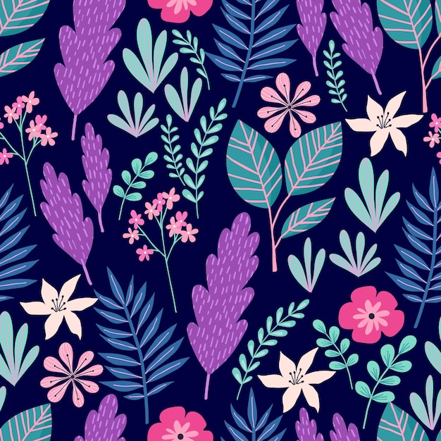 Seamless pattern with tropical palm leaves and flowers. Vector illustration.