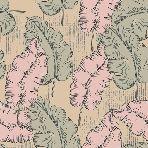 Seamless pattern with tropical plants and leaves